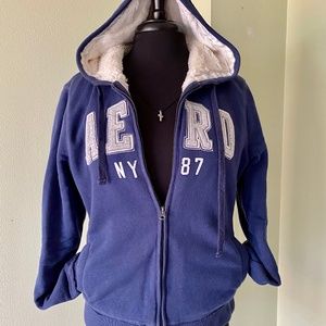 Aeropostale Faux Fur lined Blue Hooded Zip up Embroidered Logo Jacket